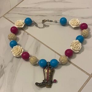 Women’s Cowgirl Boot Necklace Rhinestone Bubble Beads Flowers Western Country